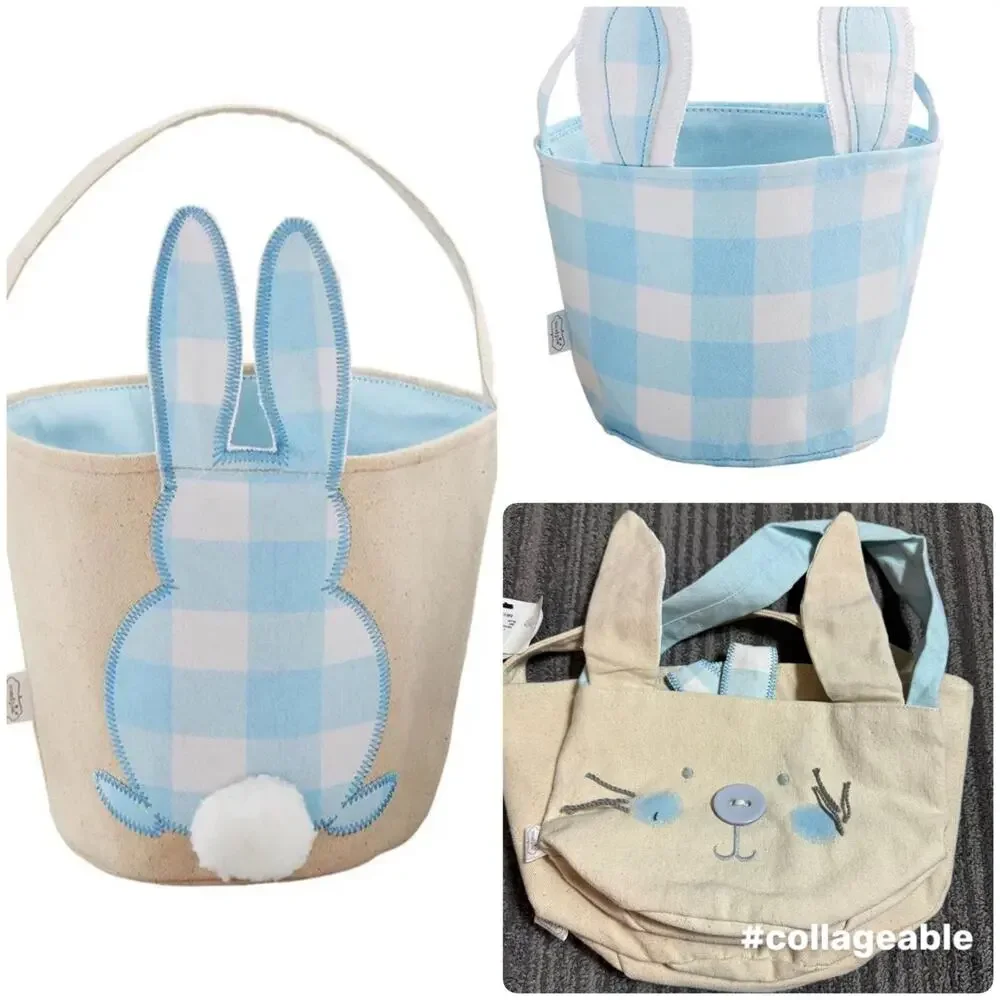 3 pcs Blue Check Bunny Baskets - Bunny Tail Canvas Blue Check with Ears